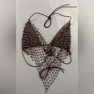 Brown Beaded Halter Bikini Top